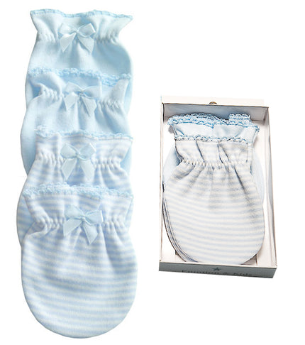Blue and white striped baby mittens with a matching box on a white background
