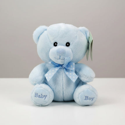 Blue teddy bear plush toy with 'Baby Boy' text and a tag on a table