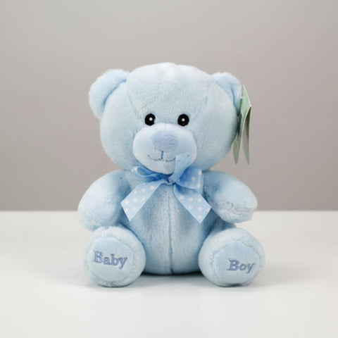 Blue teddy bear plush toy with 'Baby Boy' text and a tag on a table