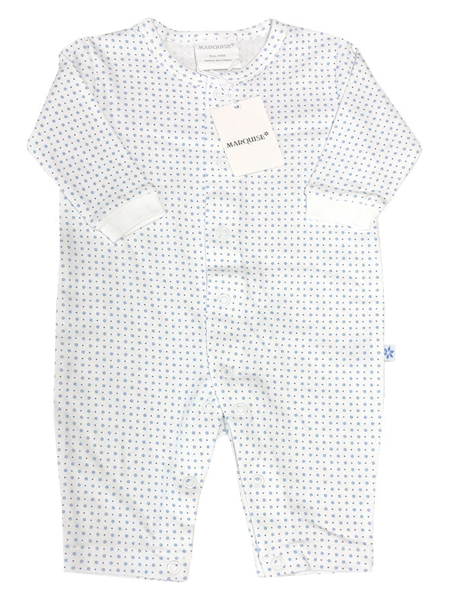 White baby romper with blue spots on a white background