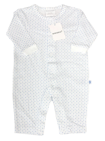 White baby romper with blue spots on a white background