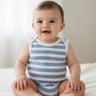 Baby wearing blue stripe onesie on baby