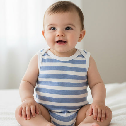 Baby wearing blue stripe onesie on baby