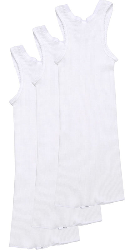 Three white tank tops stacked on a white background