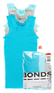 Blue vest top with gray trim and Bonds packaging on a white background