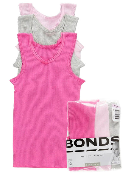 Two pink tank tops with gray trim and a Bonds packaging box on a white background