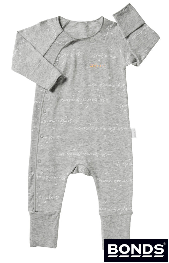 Gray bonds baby romper with text on a white background, featuring the Bonds brand.