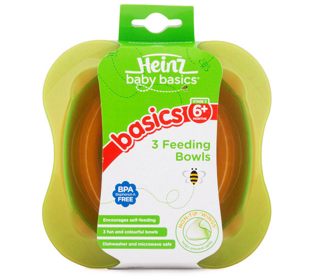Heinz baby basics 3 feeding bowls set with green packaging on a white background