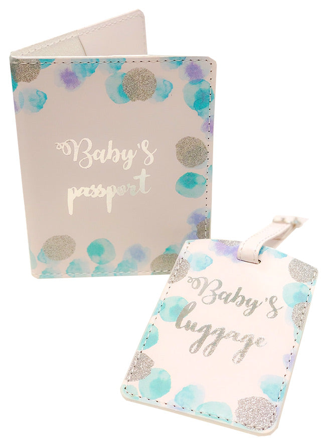 Baby-themed passport cover and luggage tag with colorful polka dot design on a white background.