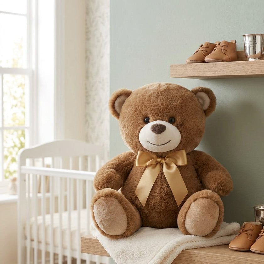 A large brown teddy bear sitting on a Shelf
