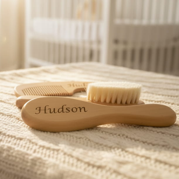 personalised baby brush and comb set made from natural wood