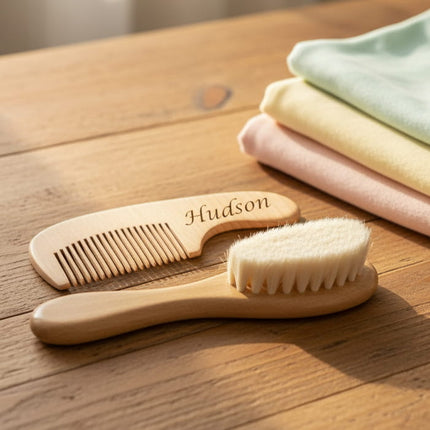 Custom Baby Brush & Comb Set – Personalised Wooden set on wood table