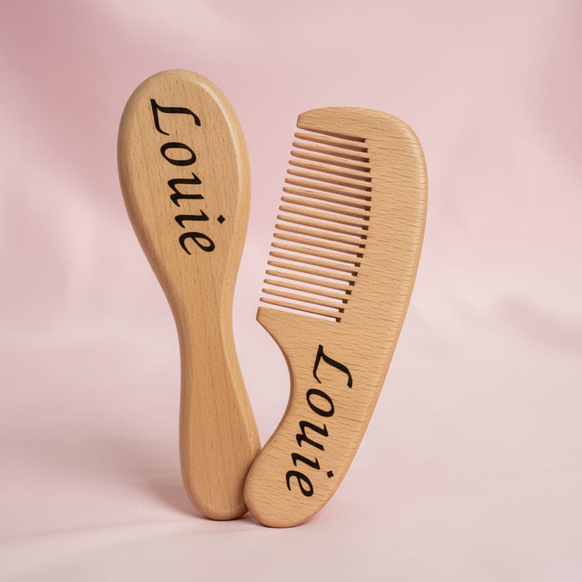 personlised baby brush and comb set, pink background