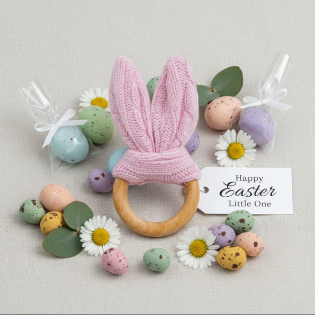 pink knit and wood bunny toy with easter eggs