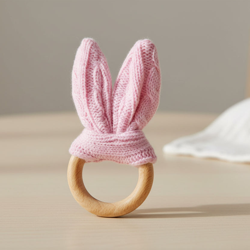 Pink knitted bunny ear teething ring on a white background