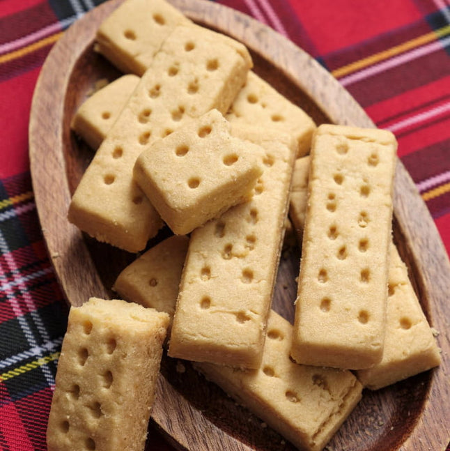 Shortbread cookies on plate with a red napkin