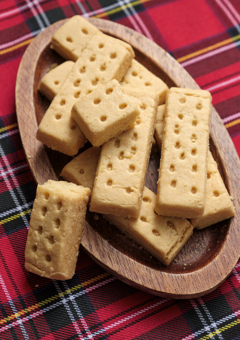 Shortbread cookies on plate with a red napkin