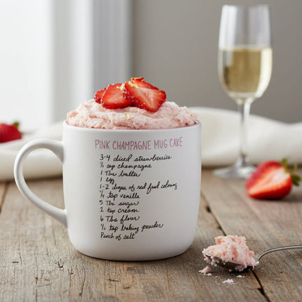 White mug with pink interior and recipe text on a table background