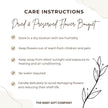 Care instructions for dried and preserved flower bouquets with decorative elements.