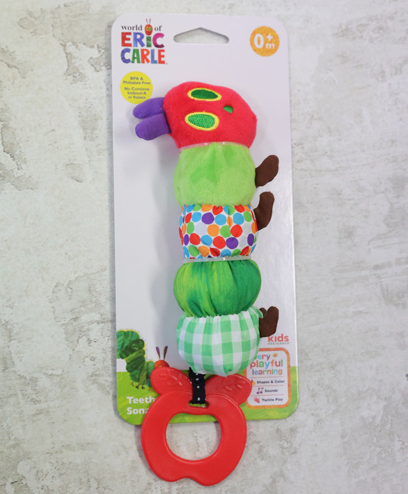 Colorful caterpillar-shaped toy with a teether on a white background