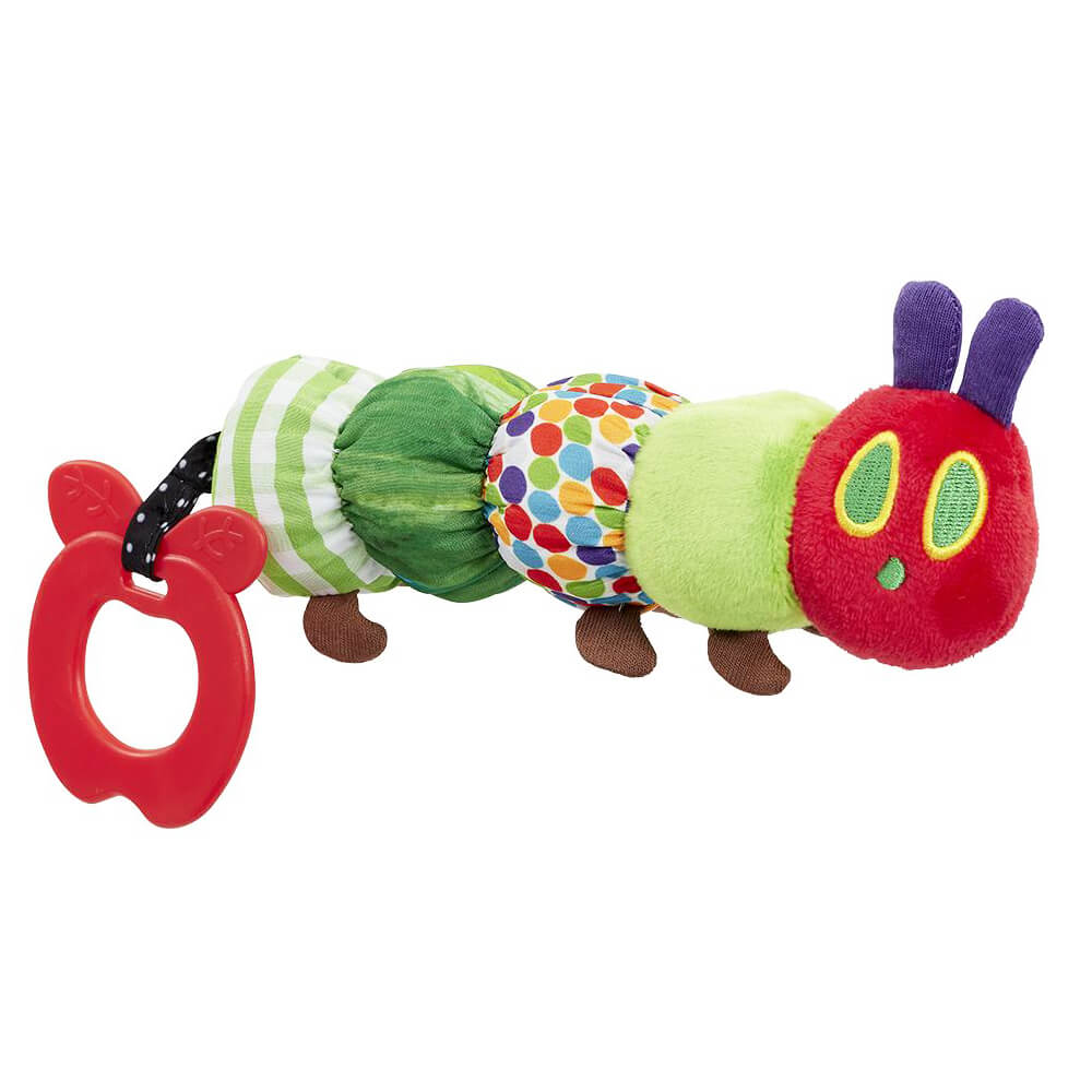 Colorful caterpillar-shaped toy with a red teething ring on a white background