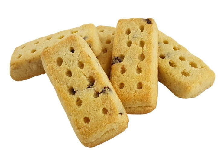 Five rectangular cookies with holes on a white background