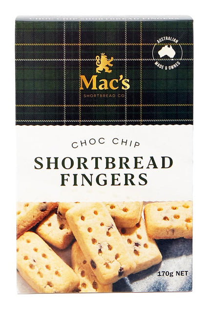 Box of Mac's Choc Chip Shortbread Fingers with plaid design and lion logo.