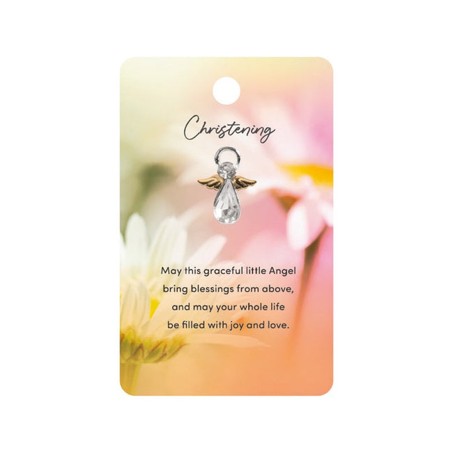 Christening Angel Blessings Pin presented on blessing card with heartfelt verse