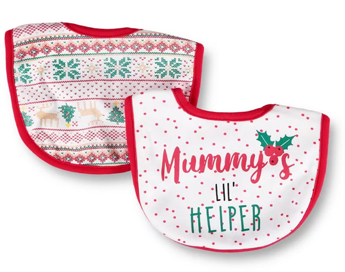 Two baby bibs with one featuring a Christmas pattern and the other 'Mummy's Lil Helper' text.