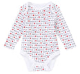 White baby onesie with 'Santa' text and red heart patterns on a white background