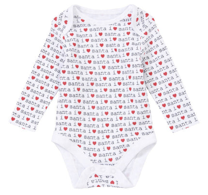 White baby onesie with 'Santa' text and red heart patterns on a white background