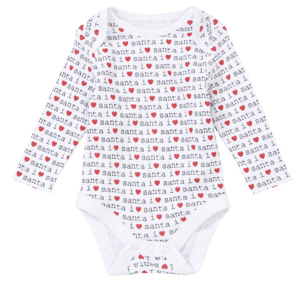 White baby onesie with 'Santa' text and red heart patterns on a white background