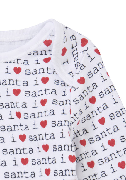 White baby romper with 'i love santa' text and red hearts pattern