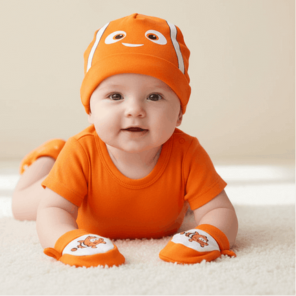 baby wearing orange fish hat and mittens
