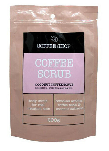 Package of Coffee Shop Coconut Coffee Scrub with pink label