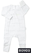 White baby onesie with subtle boon a white background, featuring the Bonds brand.