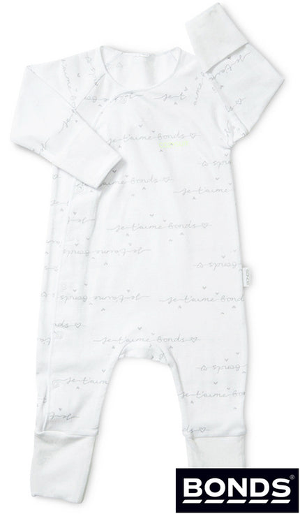 White baby onesie with subtle boon a white background, featuring the Bonds brand.
