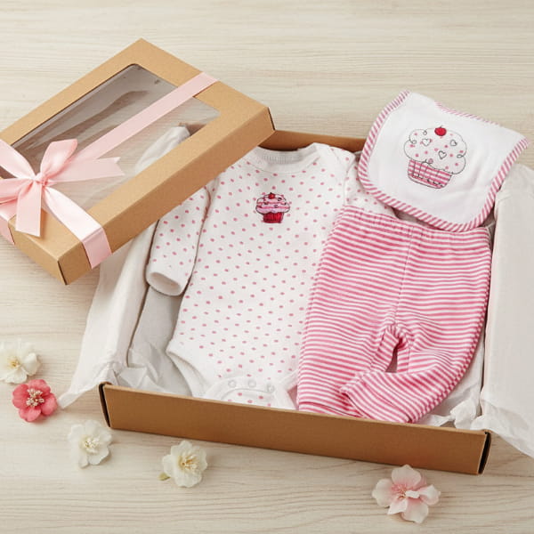 Baby clothing set with bodysuit, bib, and pants in gift box