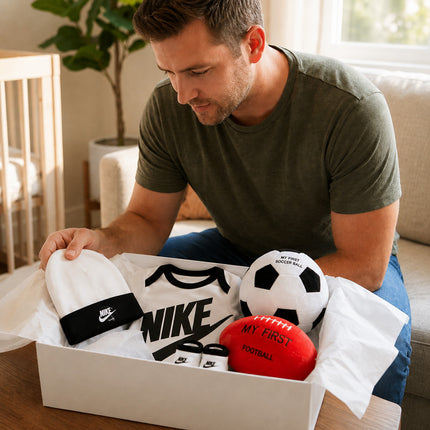 New dad opening sporty baby gift hamper with Nike Baby clothes and soccer football toys