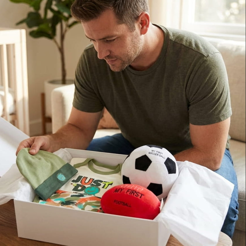 new dad opening sport baby gift hamper