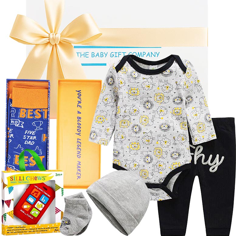 Baby gift set with onesie, hat, and items from The Baby Gift Company