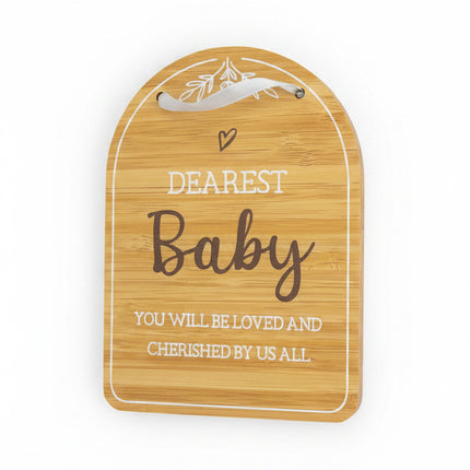 Dearest Baby wooden bamboo wall plaque with floral design and hanging ribbon