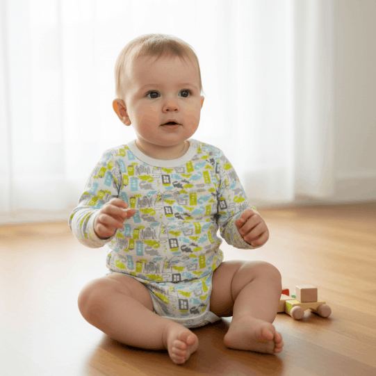 baby wearing dinosaur print romper