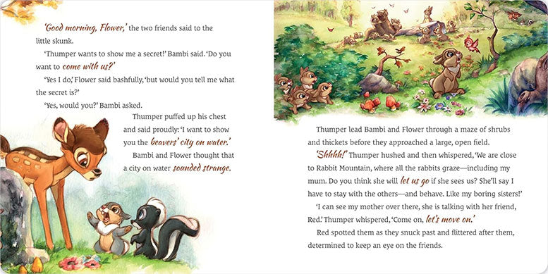 Illustrated book page from 'Bambi' featuring Thumper, Bambi, and Flower in a forest setting.