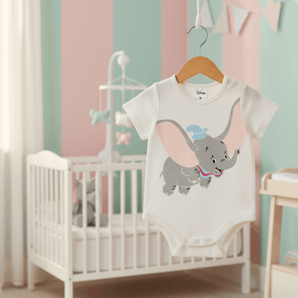 baby romper with dumbo print in nursery