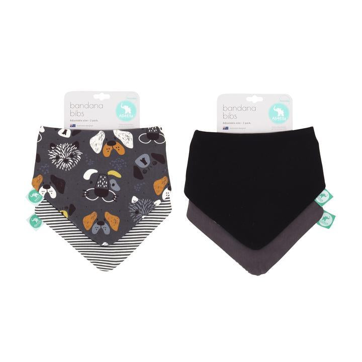 Two bandana bibs with packaging on a white background