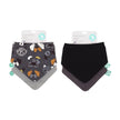 Two bandana bibs with packaging on a white background