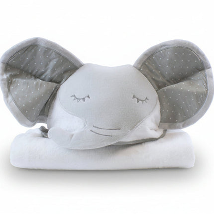 Gray elephant-shaped bath towel with polka dot ears on a white background