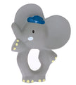 Gray elephant-shaped teether with a blue nose on a white background