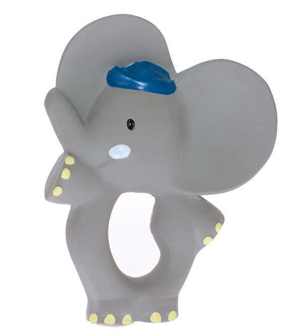 Gray elephant-shaped teether with a blue nose on a white background